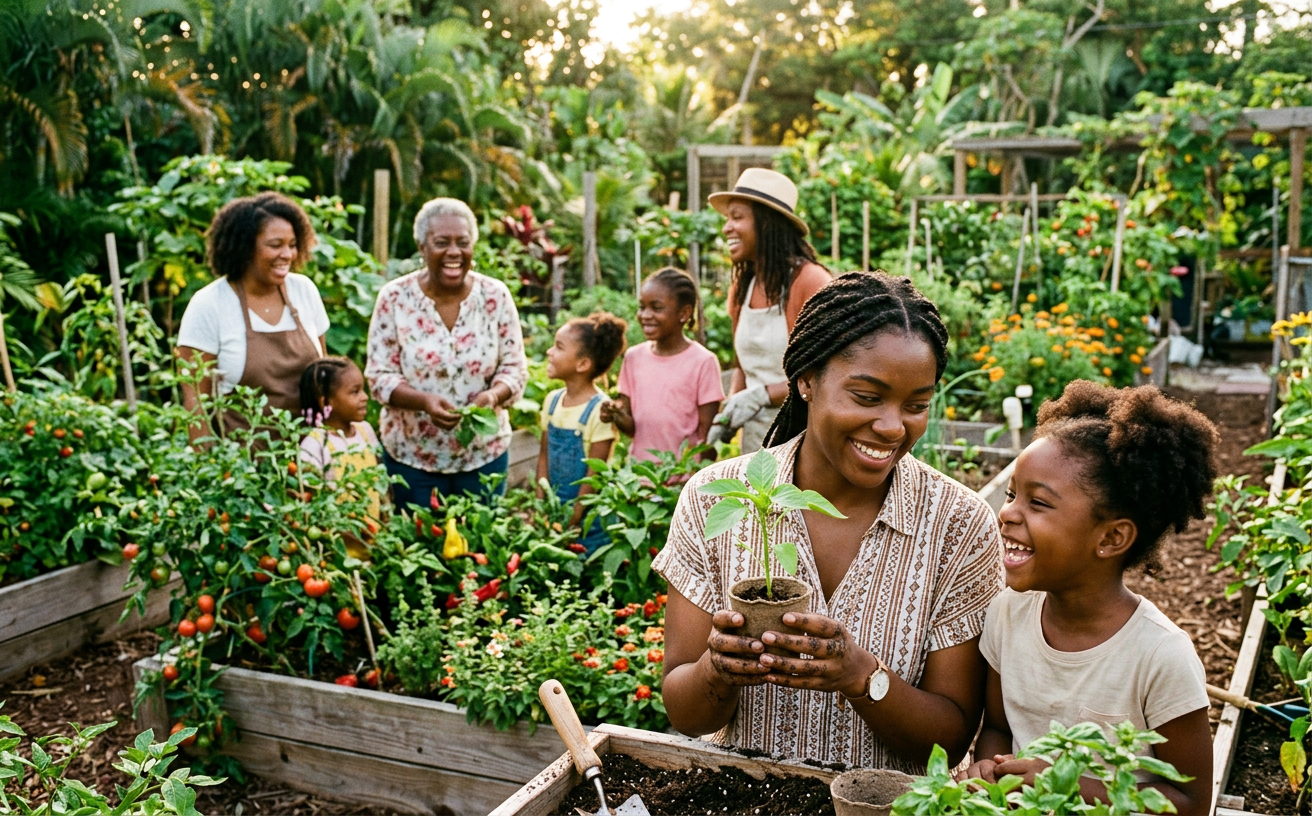 Community members caring for a young plant together